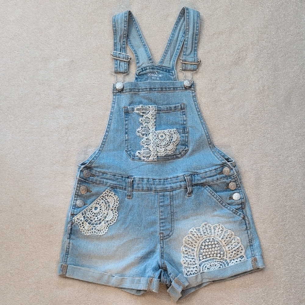 Jordache Denim Overalls Girls 7/8 Light Wash Crochet Lace Boho